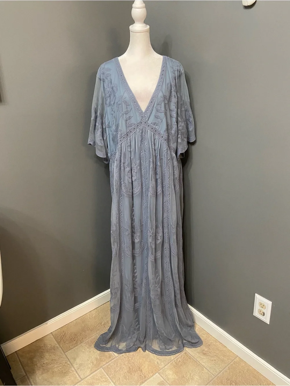 PINKBLUSH Light Blue Mesh/Lace Overlay Maternity Maxi Dress 3X Deep V-Neck Gown - Picture 1 of 17
